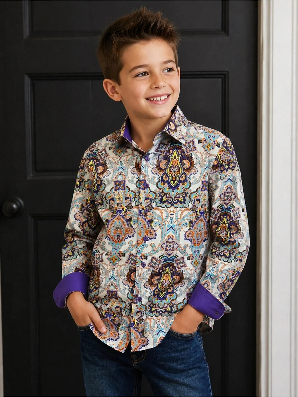 Elie Balleh Boys Size 18 Paisley Button Down Shirt 100% Cotton Purple Orange